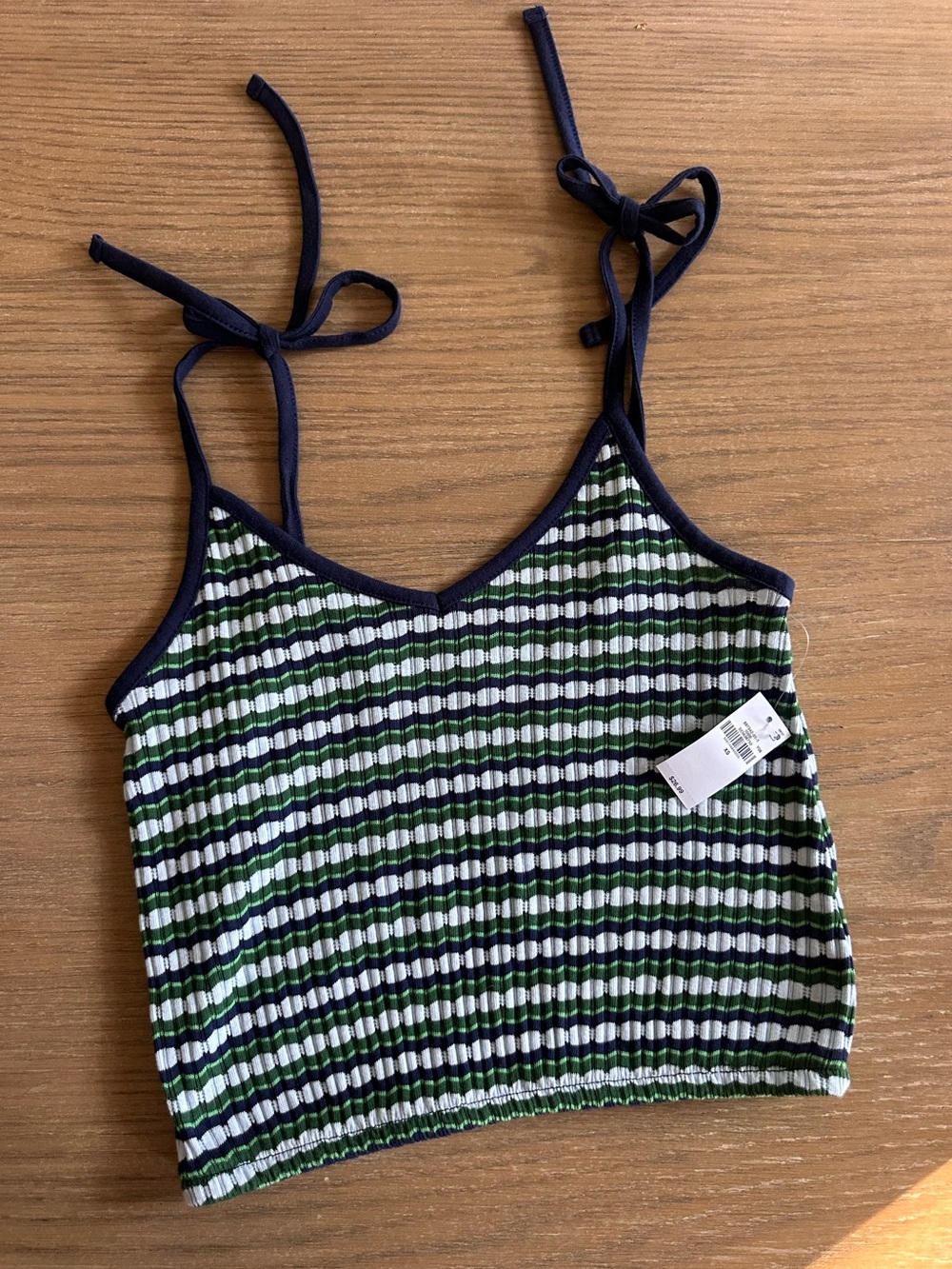 NWT Striped Ribbed Tie Strap Tank Top Green Navy XS